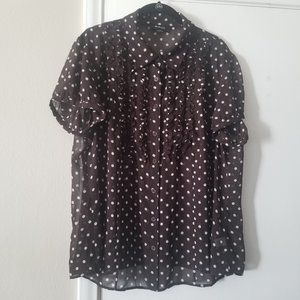 Style & Co. 20W Brown White Polka Dot Button Front Blouse Ruffle Top Shirt
